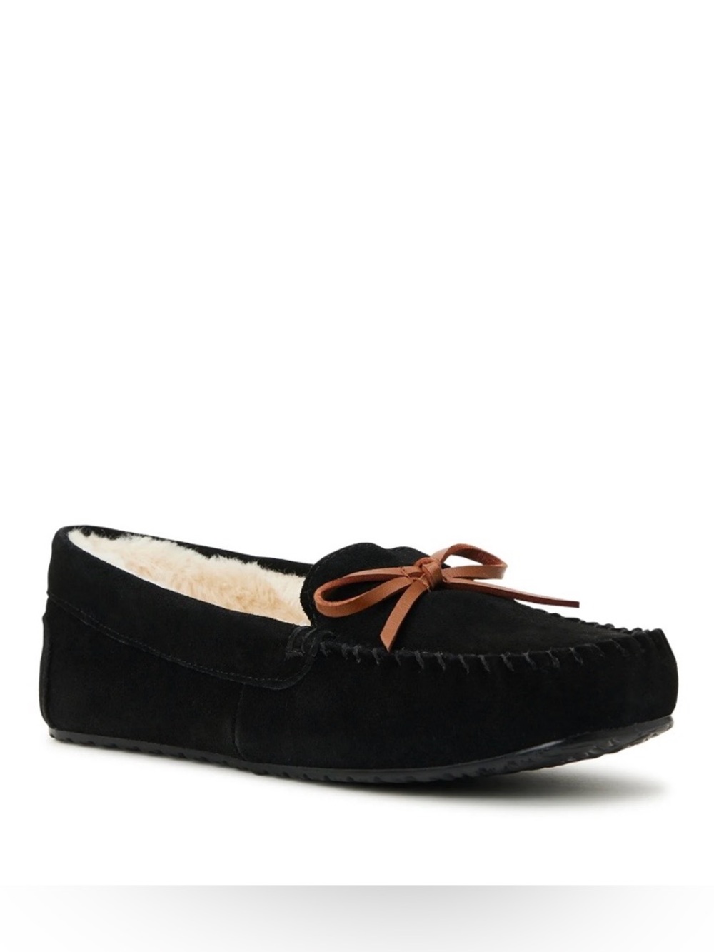 Black Suede Shearling-Lined Moccasin Slippers Size 7